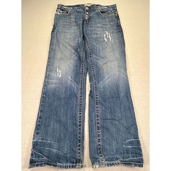 MEK Men's 34 Handcrafted Distressed Baggy Wide Denim Blue Jeans Skater Grunge - Picture 1 of 10